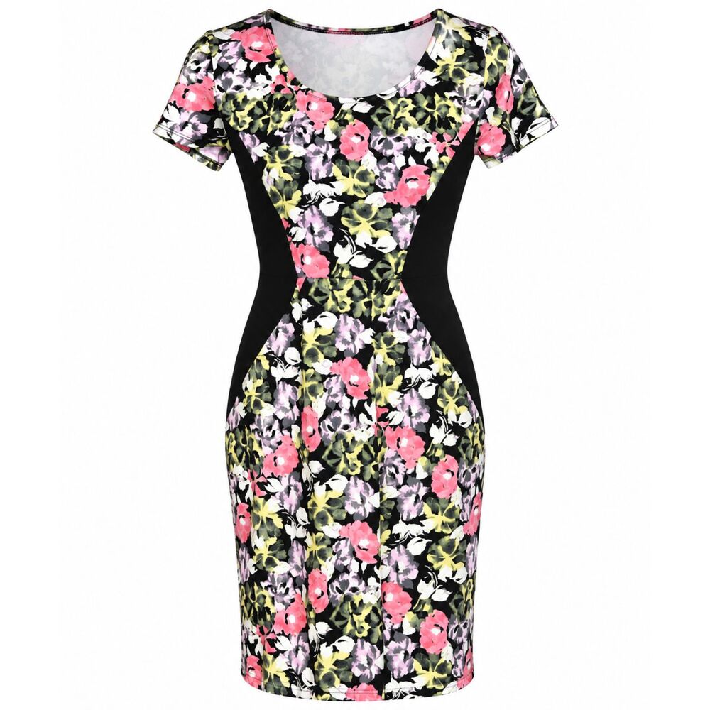 Xhilaration Floral Bodycon Dress Black Colorblock Short Sleeve Womens Midi
